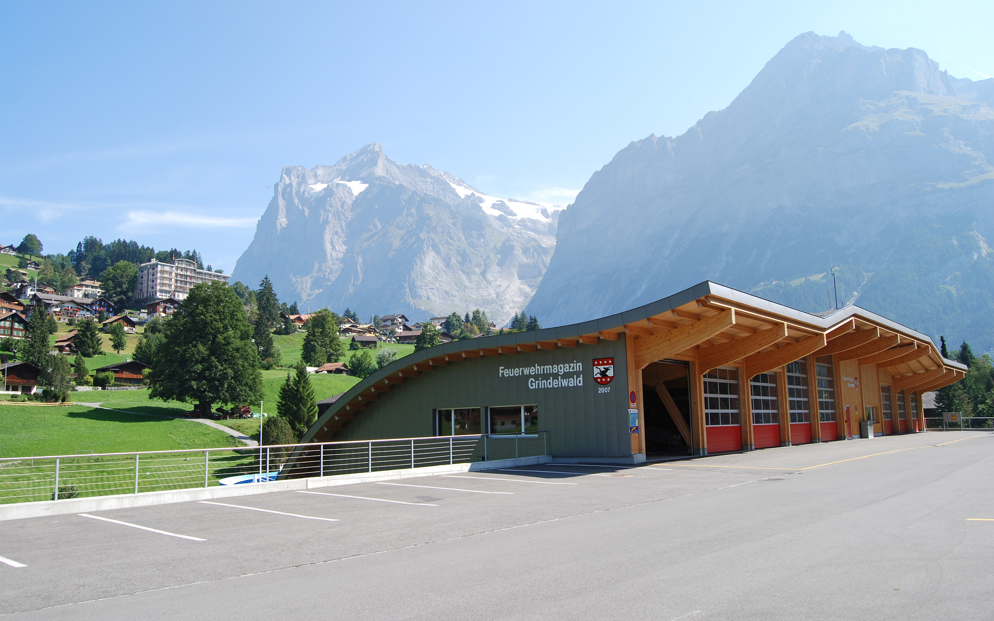 Building with pitched roof in a mountainside landscape